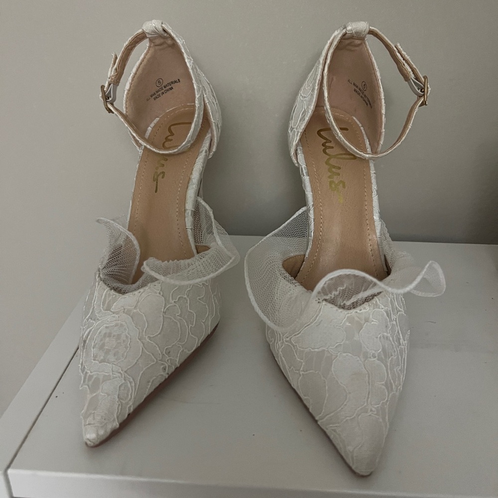 Lulu's White Lace Pointed-Toe Ankle Strap Heels